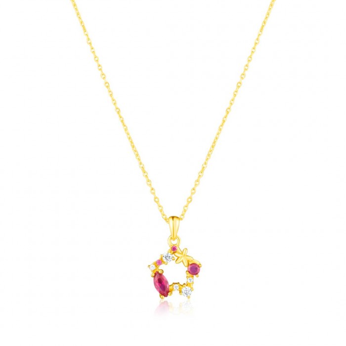 Naszyjnik srebrny złocony z okrągłą zawieszką z różowymi i białymi kamieniami