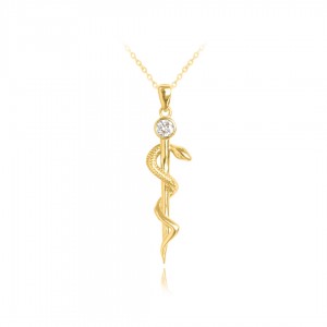 Naszyjnik pozłacany - laska eskulapa z cyrkonią