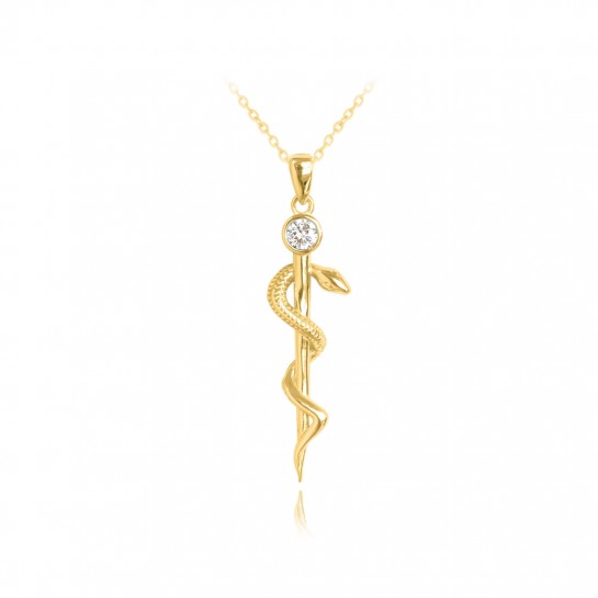 Naszyjnik pozłacany - laska eskulapa z cyrkonią