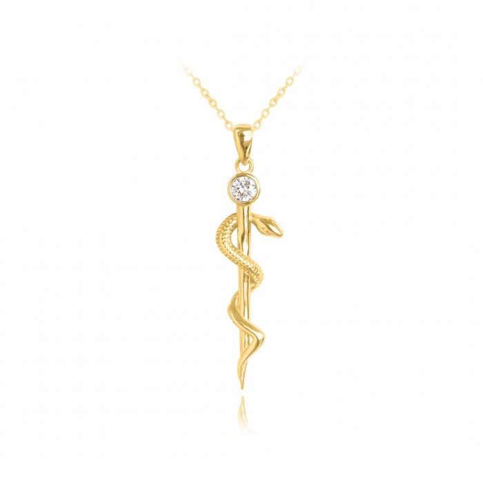 Naszyjnik pozłacany - laska eskulapa z cyrkonią
