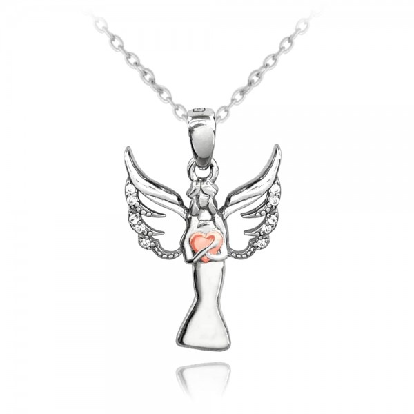 Naszyjnik srebrny - anioł z różowym sercem 