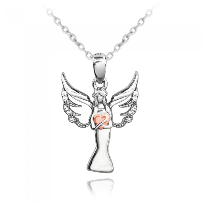 Naszyjnik srebrny - anioł z różowym sercem 