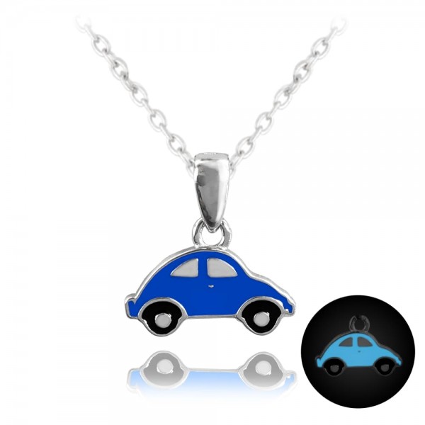 Naszyjnik srebrny fluorescencyjny - niebieski samochodzik