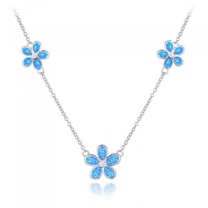 Naszyjnik srebrny - kwiaty z niebieskimi opalami