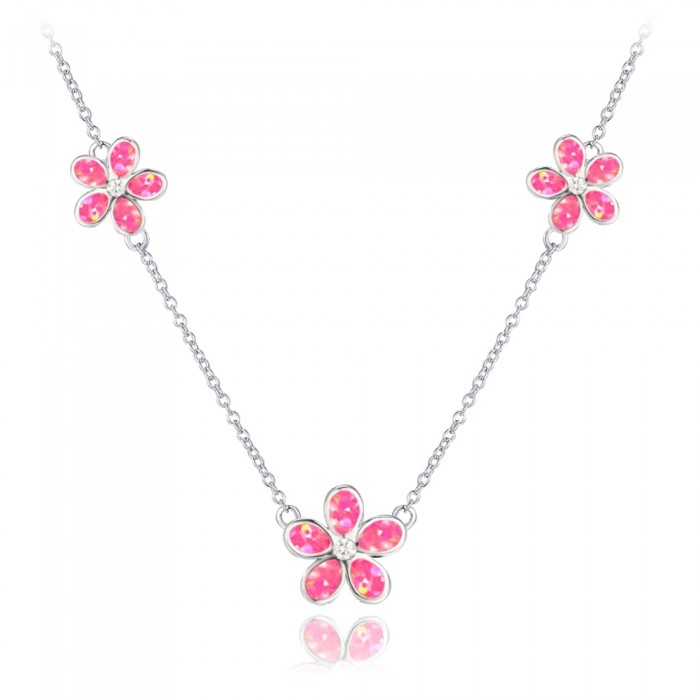 Naszyjnik srebrny - kwiaty z różowymi opalami