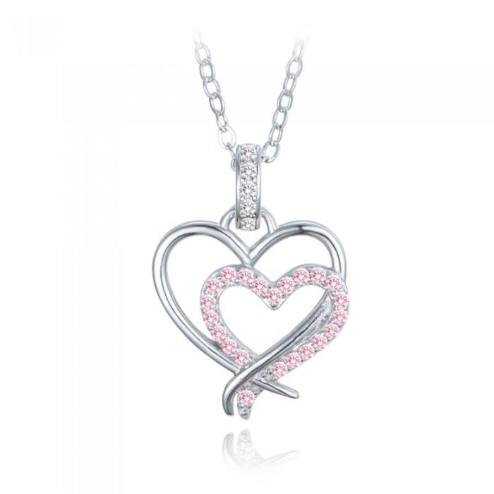 Naszyjnik srebrny - podwójne serce z różowymi cyrkoniami