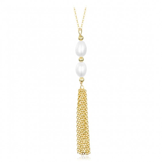 Naszyjnik srebrny pozłacany - perły z wiszącymi łańcuszkami