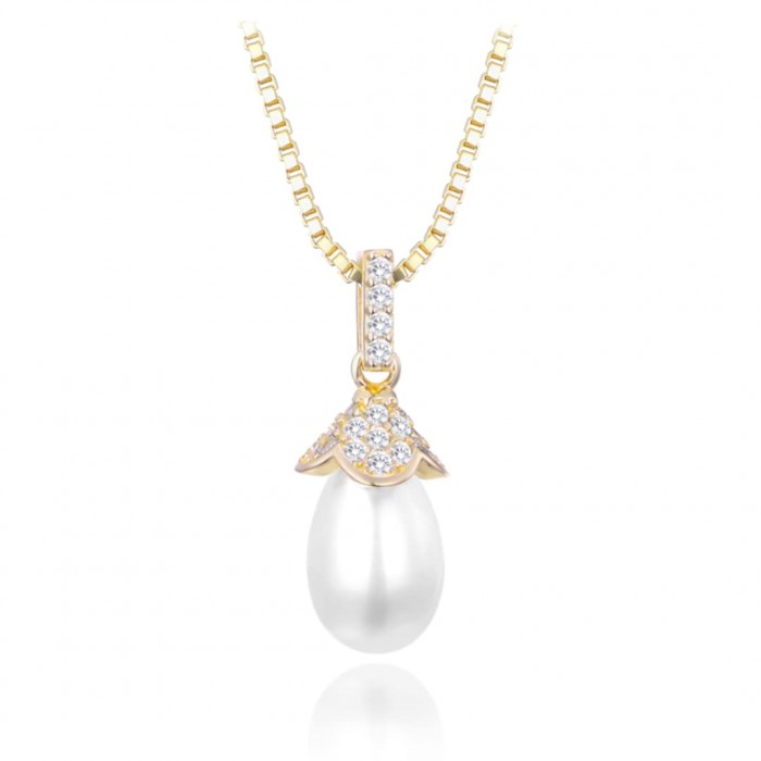 Naszyjnik srebrny pozłacany z naturalną perłą i cyrkoniami