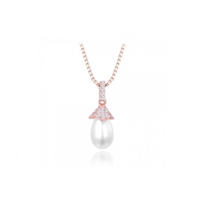 Naszyjnik srebrny rose gold z naturalną perłą i cyrkoniami
