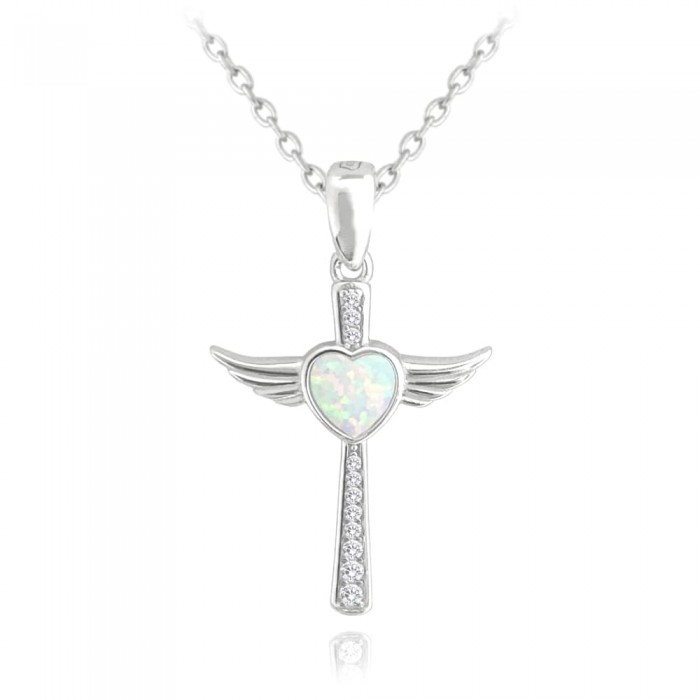 Naszyjnik srebrny z  białym opalem - anielski krzyż z sercem