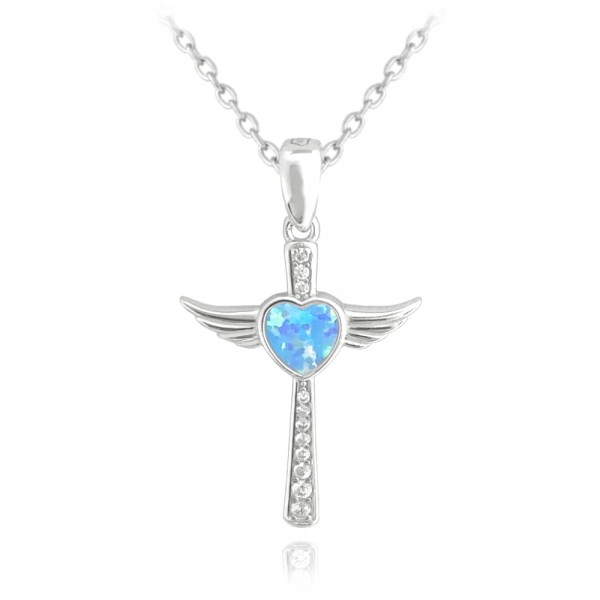 Naszyjnik srebrny z opalem - anielski krzyż z sercem