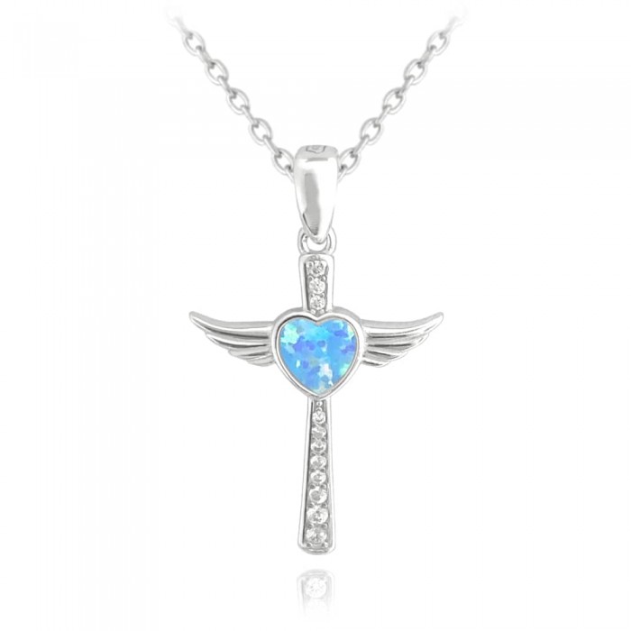 Naszyjnik srebrny z opalem - anielski krzyż z sercem
