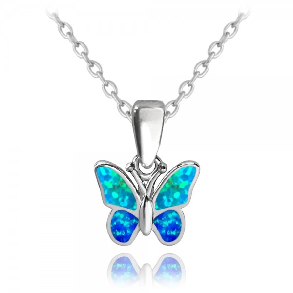 Naszyjnik srebrny z zawieszką - motylek z niebieskim opalem