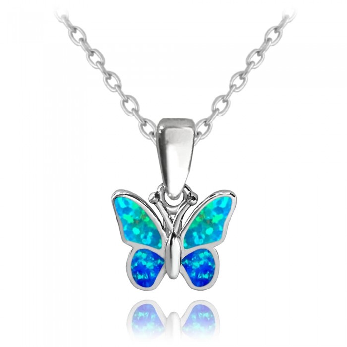 Naszyjnik srebrny z zawieszką - motylek z niebieskim opalem