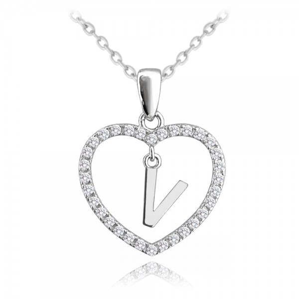 Naszyjnik srebrny z zawieszką - serce z literką "V"