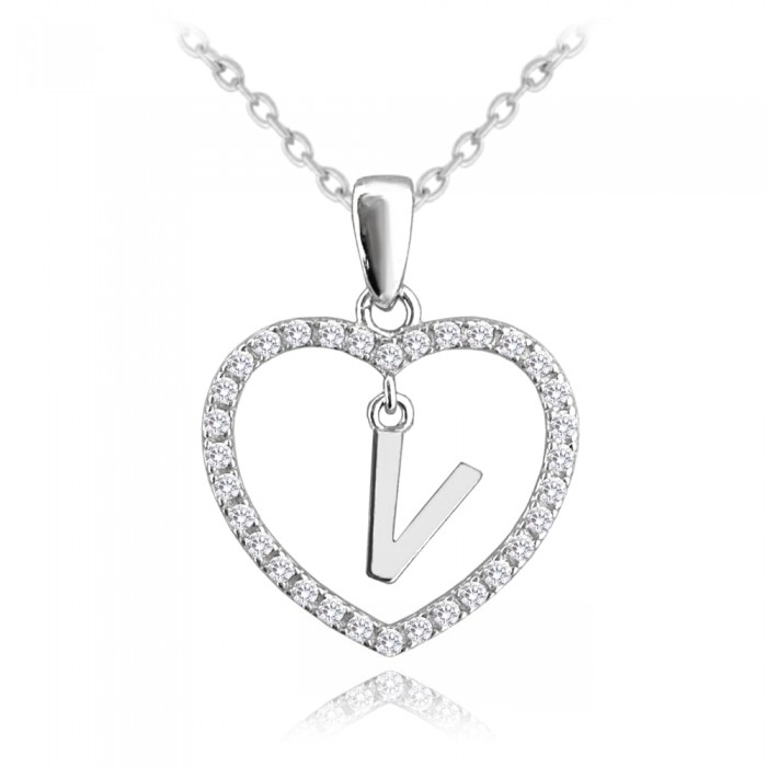 Naszyjnik srebrny z zawieszką - serce z literką "V"