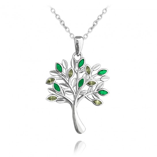 Naszyjnik srebrny z zielonymi cyrkoniami - drzewo życia   
