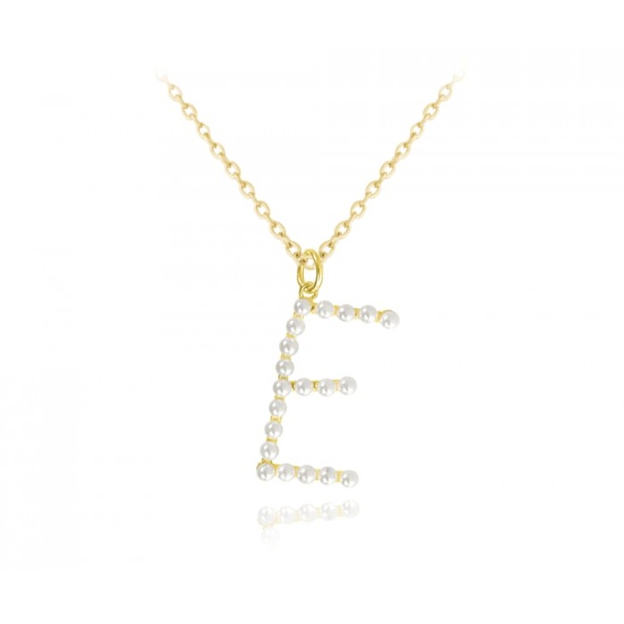 Naszyjnik srebrny pozłacany 925 perły litera „E” 