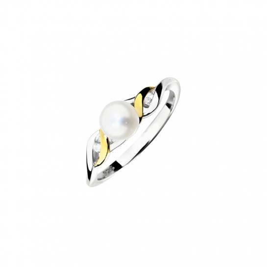Pierścionek srebrny 925 - dwukolorowy z perłą i cyrkoniami