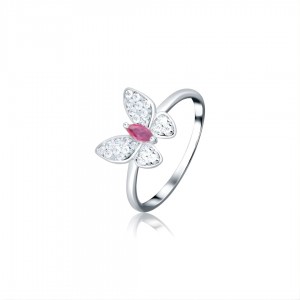 Pierścionek srebrny 925 z cyrkoniami - różowy motyl