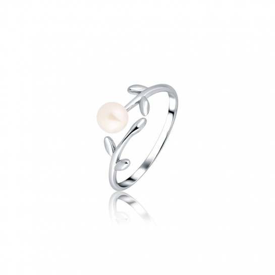 Pierścionek srebrny otwarty - liście z perłą