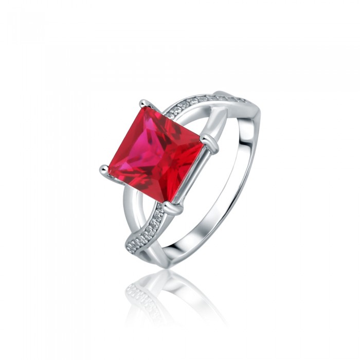 Pierścionek srebrny z rozdwojoną szyną i kwadratową czerwoną cyrkonią