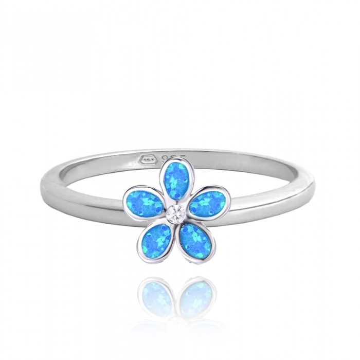 Pierścionek srebrny - kwiat, niebieski opal, cyrkonia