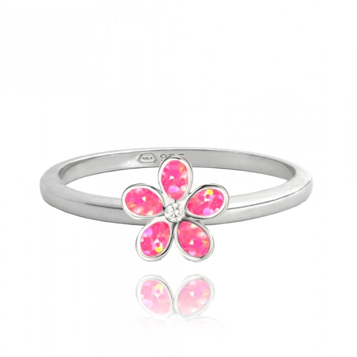 Pierścionek srebrny - kwiat, różowy opal, cyrkonia