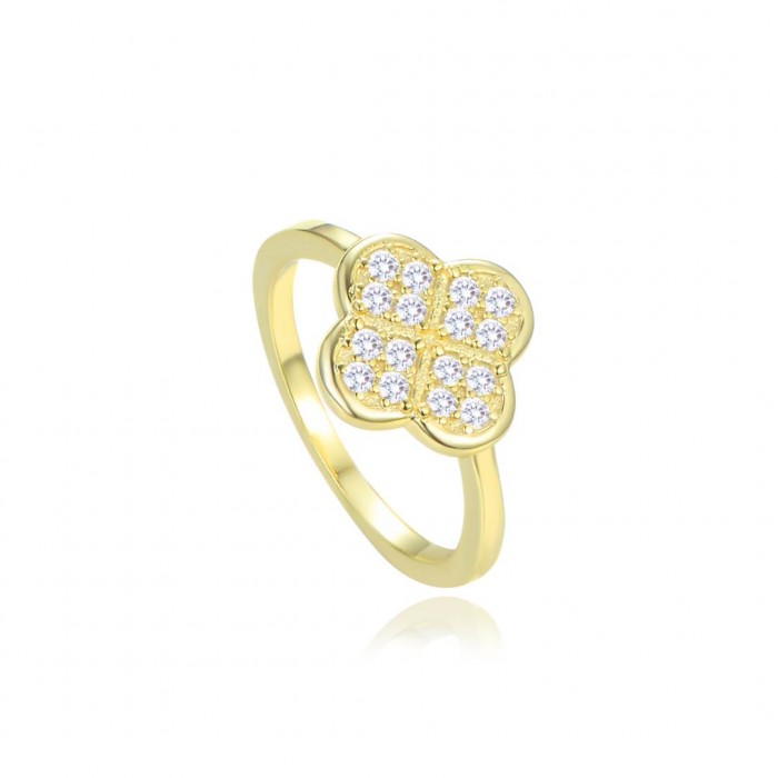 Pierścionek srebrny pozłacany - koniczyna zdobiona cyrkoniami