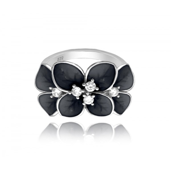 Pierścionek srebrny z cyrkoniami - czarny kwiat