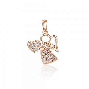 Zawieszka srebrna 925 pozłacana (rose gold) - anioł z sercem i cyrkoniami