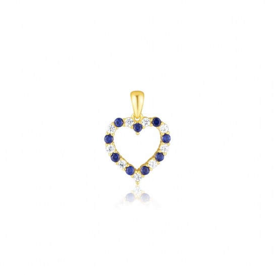 Zawieszka srebrna 925 pozłacana - konturowe serce z niebieskimi i transparentnymi cyrkoniami