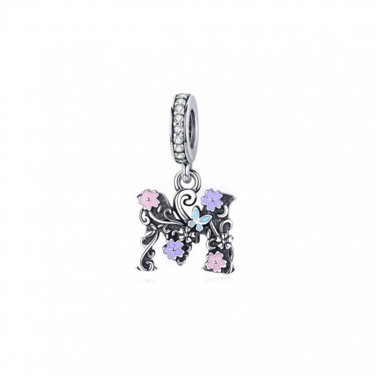 Zawieszka charms - literka 'M' z kwiatami