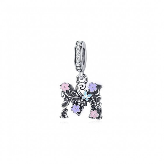 Zawieszka charms - literka 'M' z kwiatami