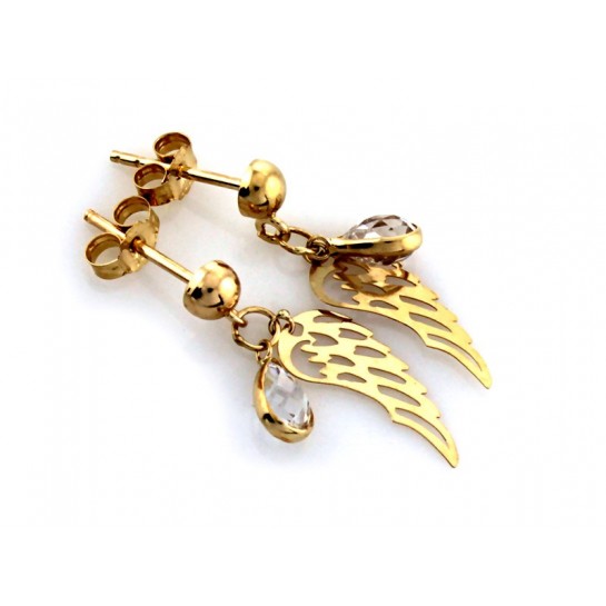 Kolczyki złote pr. 585 - ażurowe skrzydła z wiszącą cyrkonią