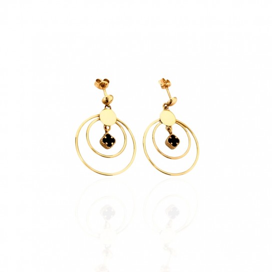 Kolczyki złote pr. 585 - kółka z czarną koniczyną 