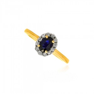 Pierścionek złoty - markiza z szafirem 0,6 ct i diamentami 0,06 ct