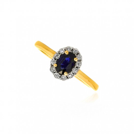 Pierścionek złoty - markiza z szafirem 0,6 ct i diamentami 0,06 ct